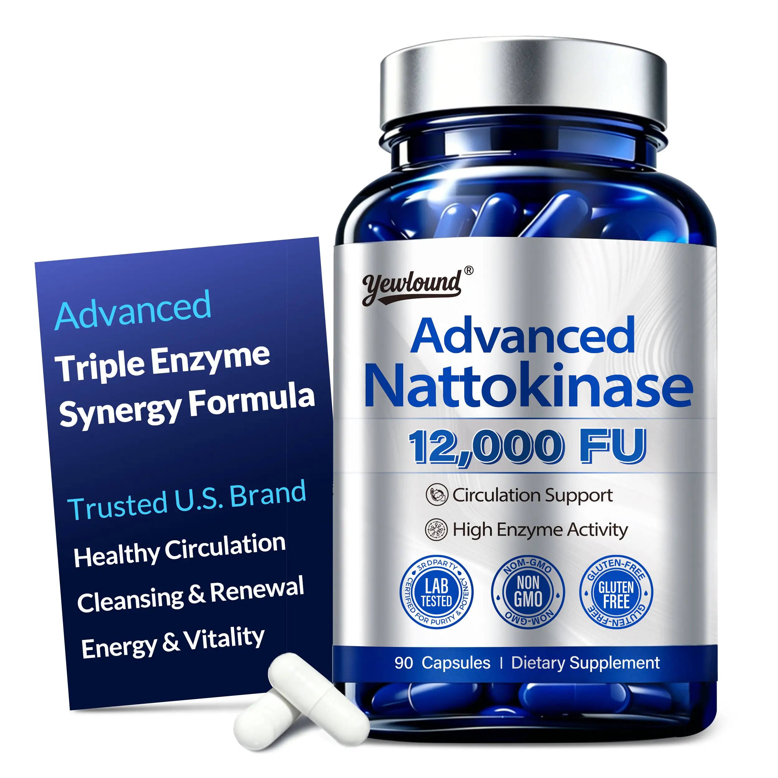 Yewlound Ultimate Nattokinase 12,000FU Serrapeptase 360,000 SPU Lumbrokinase 10,000 FUV Triple Enzyme Supplement - Nattokinase Supplement for Cardiovascular and Circulatory Support, Gluten Free, 90 Capsules