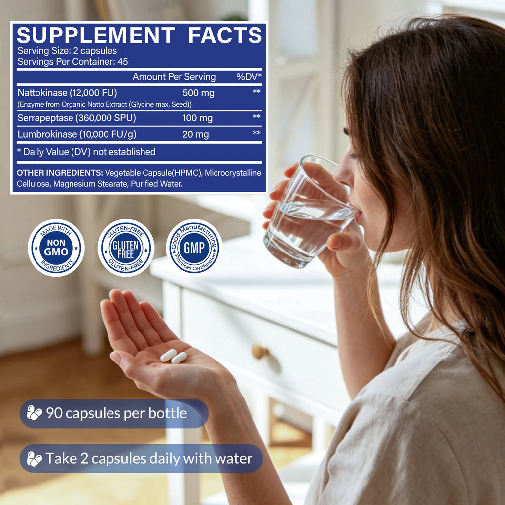 Yewlound Ultimate Nattokinase 12,000FU Serrapeptase 360,000 SPU Lumbrokinase 10,000 FUV Triple Enzyme Supplement - Nattokinase Supplement for Cardiovascular and Circulatory Support, Gluten Free, 90 Capsules