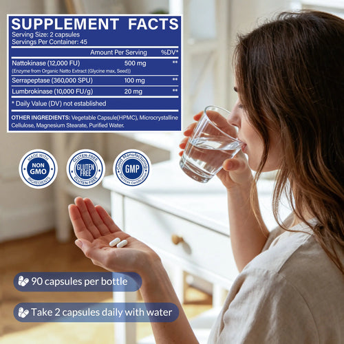 Yewlound Ultimate Nattokinase 12,000FU Serrapeptase 360,000 SPU Lumbrokinase 10,000 FUV Triple Enzyme Supplement - Nattokinase Supplement for Cardiovascular and Circulatory Support, Gluten Free, 90 Capsules